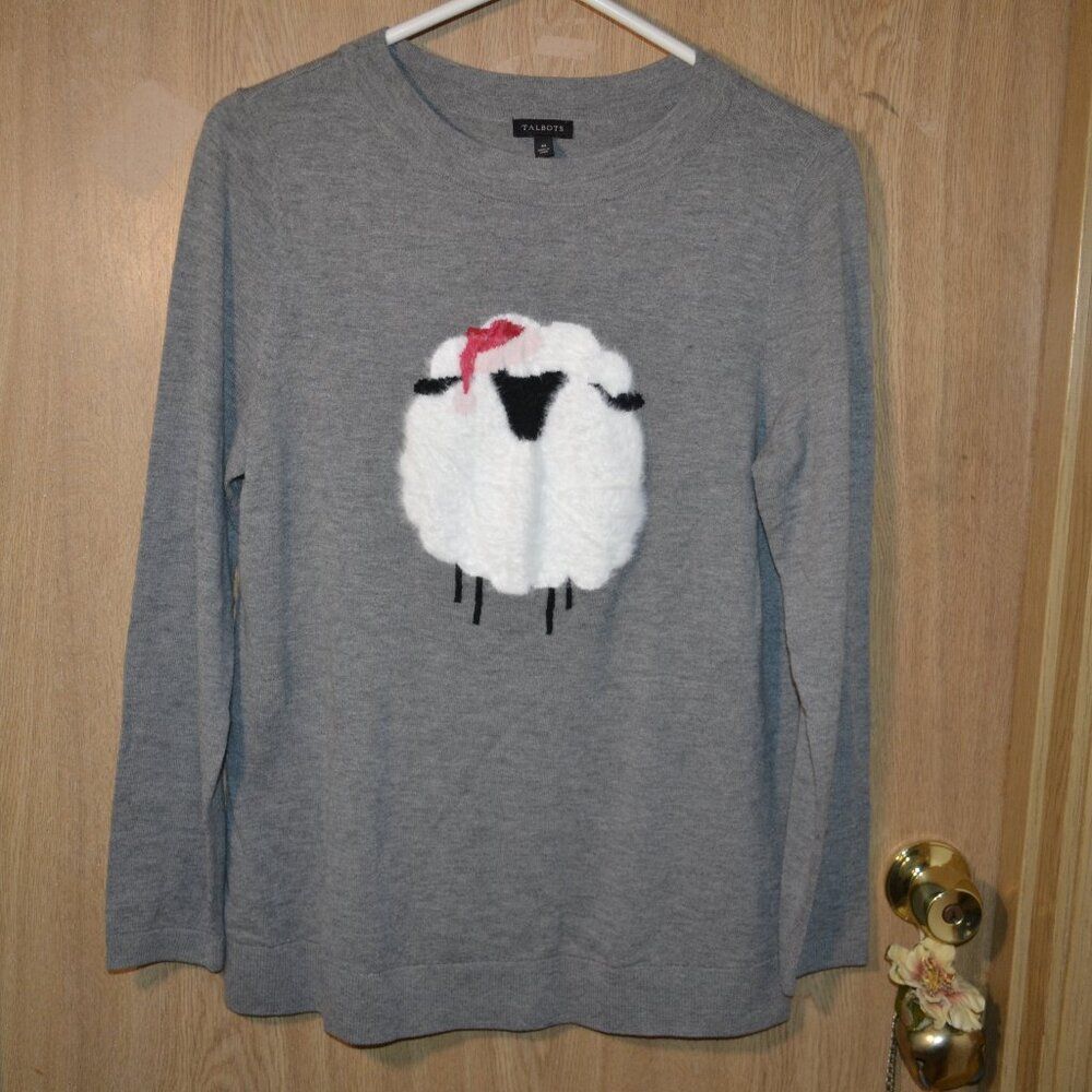 Talbots Novelty Sheep Lamb's Wool Blend Gray Soft Cozy Cottage Farm Sweater